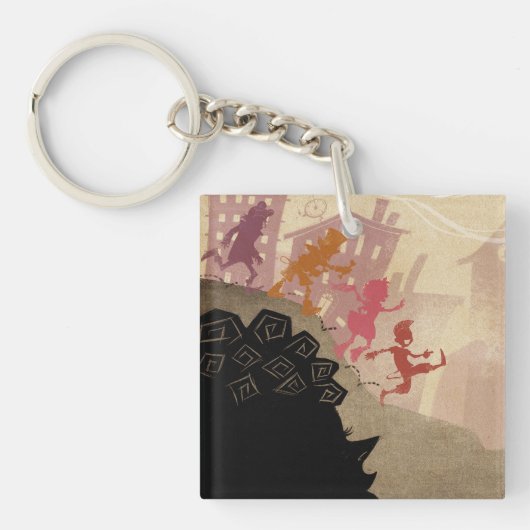 4人の小さいモンスター-町を通した歩く キーホルダー (正面)