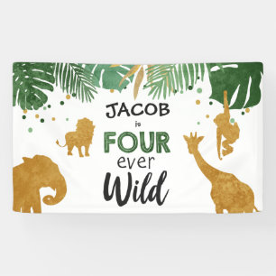 4人の野生のサファリ動物少年4誕生日 横断幕