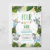 4人の野生の4歳のサファリ動物のパーティー 招待状 (正面)