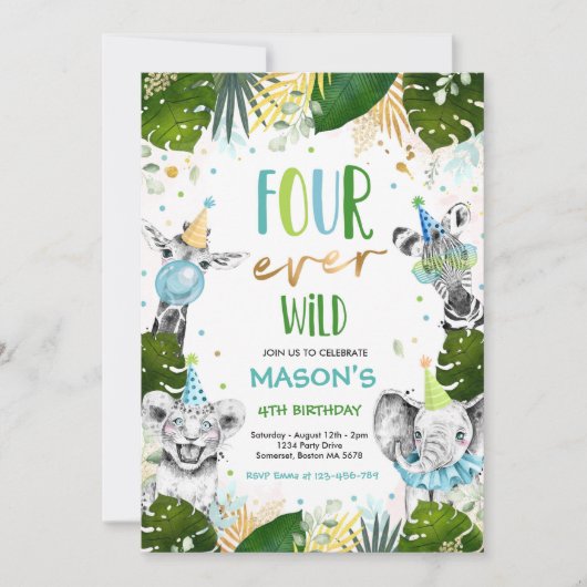 4人の野生の4歳のサファリ動物のパーティー 招待状 (正面)