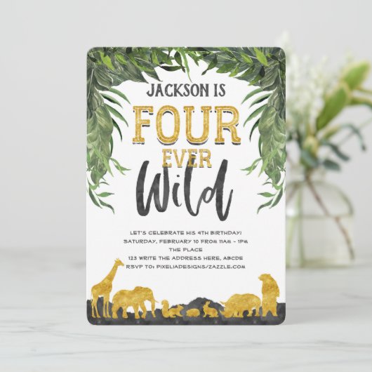 4人の野生動物、ジャングル·サファリ動物、4歳の誕生日 招待状 (スタンド正面)