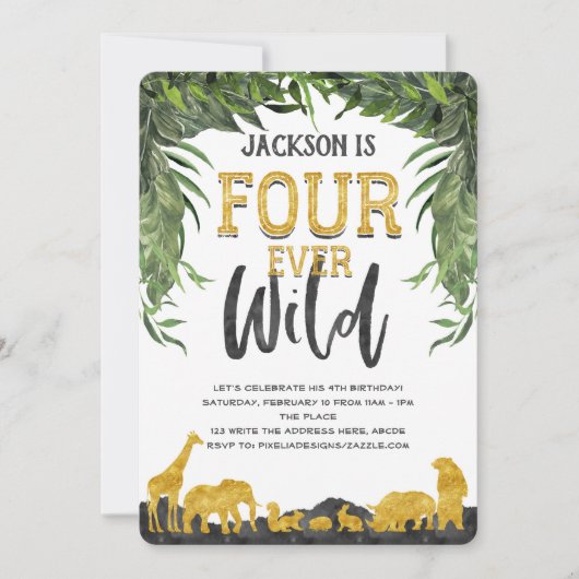4人の野生動物、ジャングル·サファリ動物、4歳の誕生日 招待状 (正面)