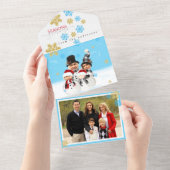 4人家族で顔をクリスマス雪だるまに追加 オールインワン招待状 (貼ってはがせる)