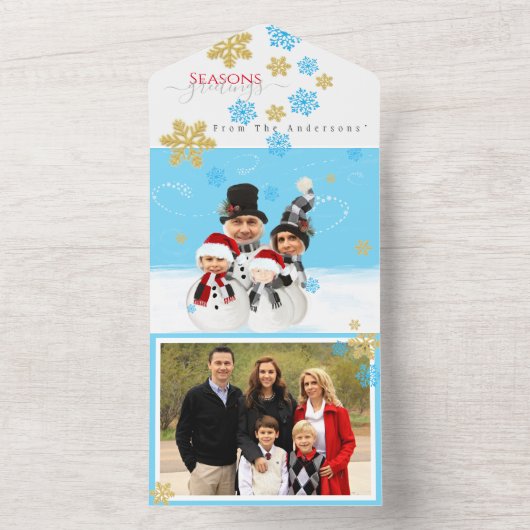 4人家族で顔をクリスマス雪だるまに追加 オールインワン招待状 (内側)