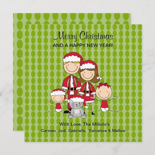 4人家族と猫棒人間たちのクリスマス シーズンカード (正面/裏面)