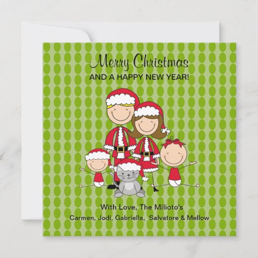 4人家族と猫棒人間たちのクリスマス シーズンカード (正面)
