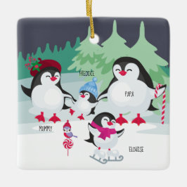 4人家族向けの名前入りかわいいペンギンのグッズ セラミックオーナメント