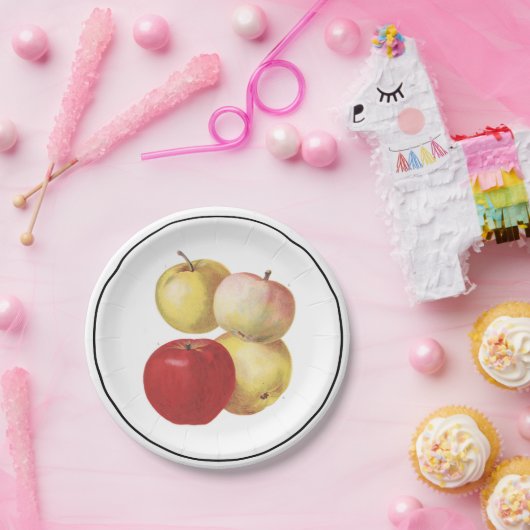 4個のヴィンテージのりんごの図解入りの、写真付きのな紙皿 ペーパープレート (パーティー)