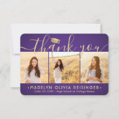 4写真の新しいアドレス紫モダンの金ゴールドの卒業 サンキューカード (正面)