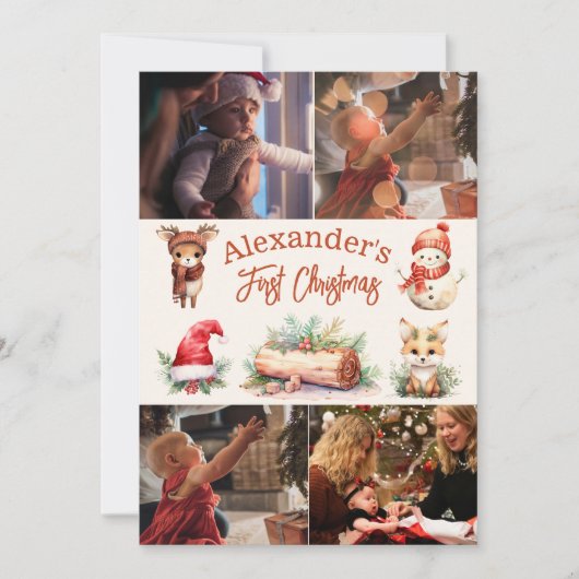 4写真ウッドランド動物ベビー初めてのクリスマス シーズンカード (正面)