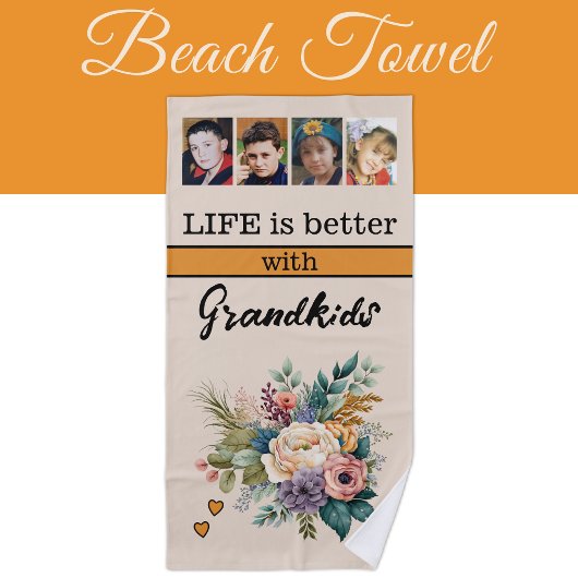 4写真カスタムグランドキッズフローラオレンジ ビーチタオル