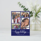 4写真コラージハッピーホリデーモダンネイビーブルー ポストカード (スタンド正面)