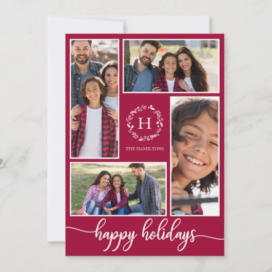 4写真コラージモノグラムハッピーホリデイズクリスマス 招待状 (正面)
