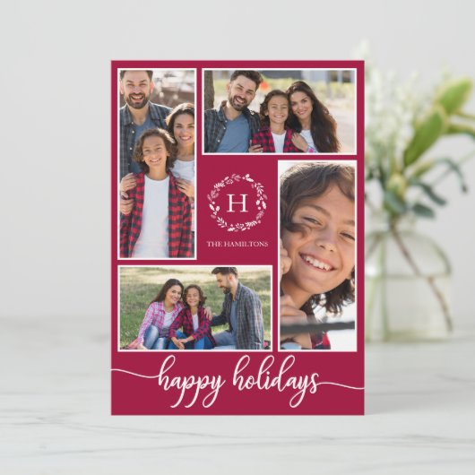 4写真コラージモノグラムハッピーホリデイズクリスマス 招待状 (スタンド正面)