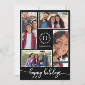 4写真コラージモノグラムハッピーホリデーズブラック 招待状 (正面)