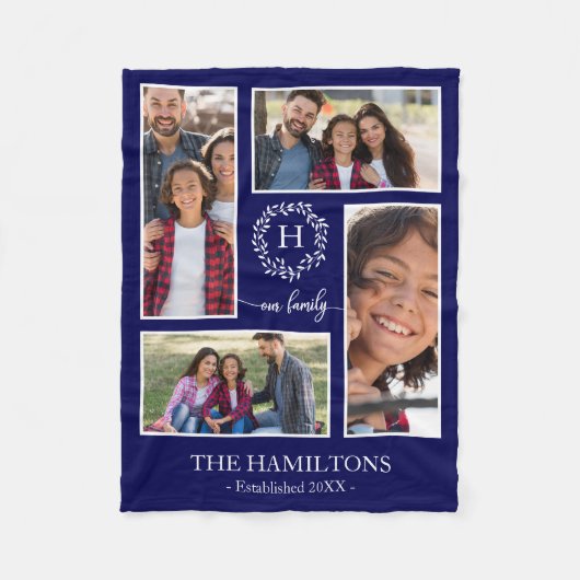 4写真コラージモノグラムファミリーフォトホームデコール フリースブランケット (正面)