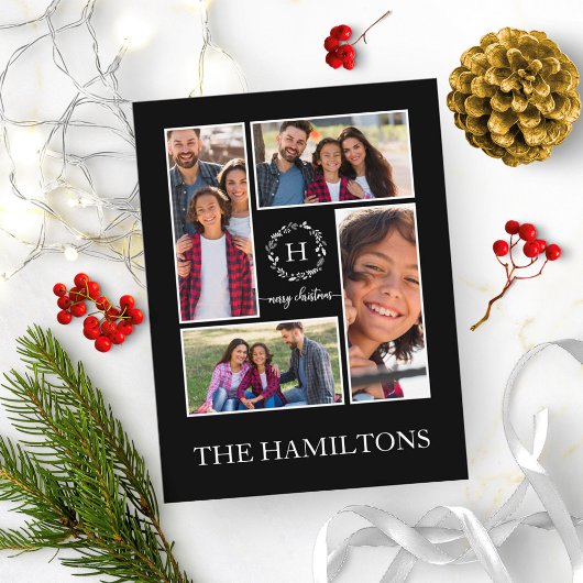 4写真コラージモノグラムメリークリスマスブラック ポストカード