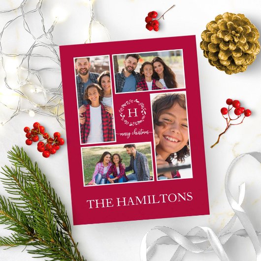 4写真コラージモノグラムメリークリスマスホリデー ポストカード