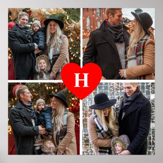 4写真パーソナライズされたコラージュ赤いハートモノグラムの ポスター (正面)