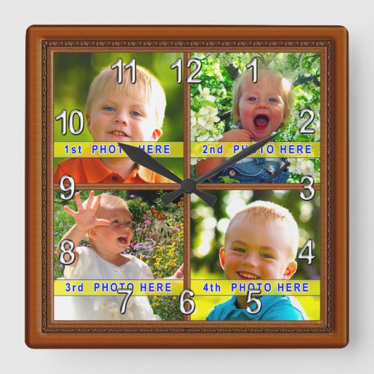 4写真パーソナライズされたフォトクロックギフトアイディア スクエア壁時計 (正面)