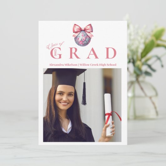 4写真ピンクボウディスコボール卒業パーティー 招待状 (スタンド正面)