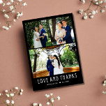4写真モダンの結婚ありがとう サンキューカード<br><div class="desc">写真のコラージュモダン「愛と感謝してい結婚カスタマイズお気に入りの感謝してい」のサンキューカードは白と黒で文字デザイン – 私たちの結婚式の日の写真の4つとあなたのメッセージと一緒に。</div>