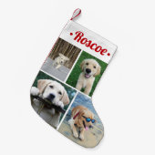 4写真モダンコラージュかわいい赤いスクリプトペット名 スモールクリスマスストッキング (正面 (吊り時))