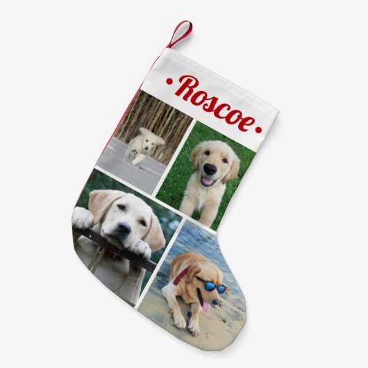 4写真モダンコラージュかわいい赤いスクリプトペット名 スモールクリスマスストッキング (正面 (吊り時))