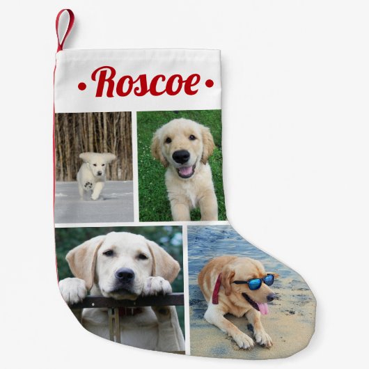 4写真モダンコラージュかわいい赤いスクリプトペット名 スモールクリスマスストッキング (正面)