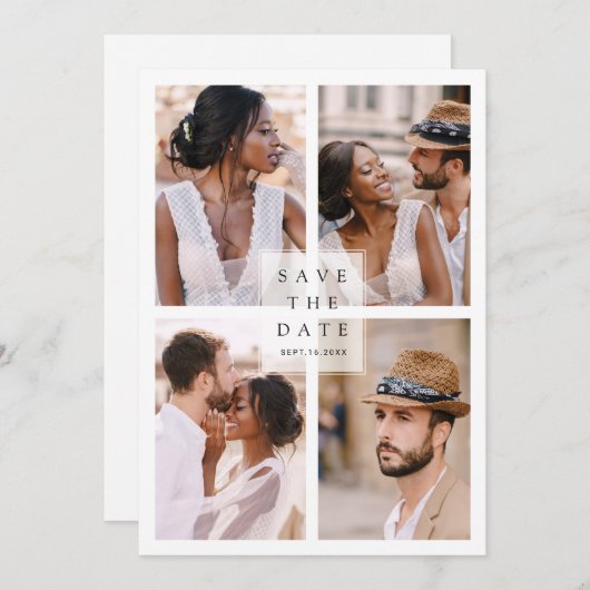 4写真モダンコラージュ結婚式の日付を保存 セーブザデート (正面/裏面)