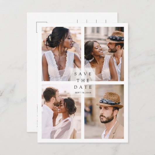 4写真モダンコラージュ結婚式の日付を保存 案内ポストカード (正面/裏面)