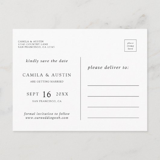 4写真モダンコラージュ結婚式の日付を保存 案内ポストカード (裏面)