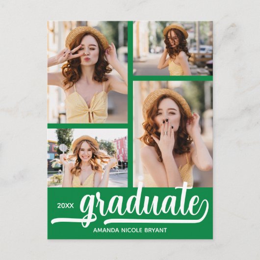 4写真モダンコラージュ緑の大学院招待状 ポストカード (正面)