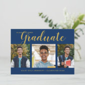 4写真モダンコラージュ青金ゴールド卒業 案内状 (スタンド正面)