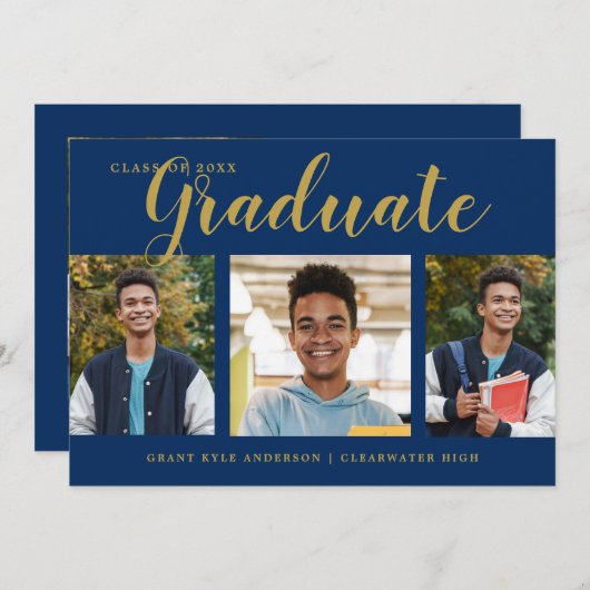 4写真モダンコラージュ青金ゴールド卒業 案内状 (正面/裏面)