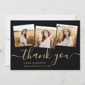 4写真モダン卒業コラージュ黒と金ゴールド サンキューカード (正面)