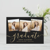 4写真モダン卒業コラージュ黒と金ゴールド 招待状 (スタンド正面)