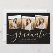 4写真モダン卒業コラージュ黒と金ゴールド 案内状 (正面)