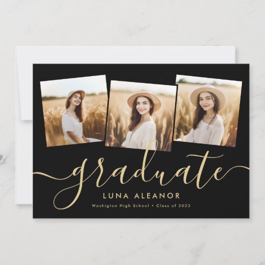 4写真モダン卒業コラージュ黒と金ゴールド 案内状 (正面)
