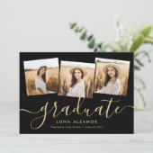 4写真モダン卒業コラージュ黒と金ゴールド 案内状 (スタンド正面)