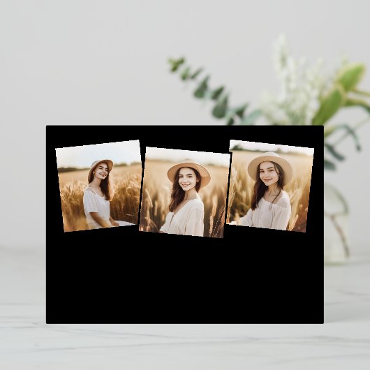 4写真モダン卒業コラージュ黒と金ゴールド 箔招待状 (立ち正面)