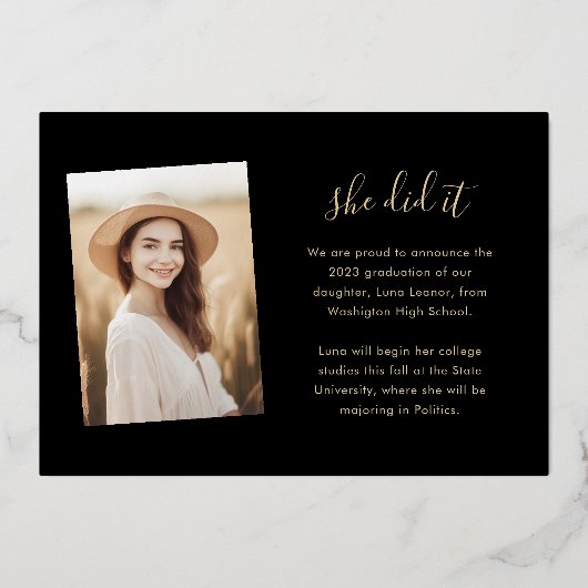 4写真モダン卒業コラージュ黒と金ゴールド 箔招待状 (裏面)