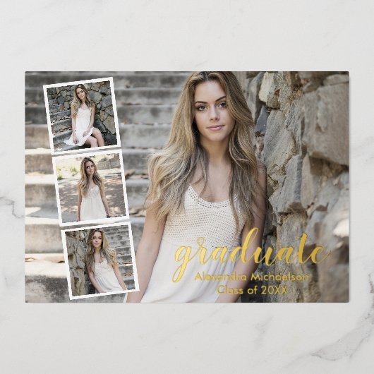 4写真モダン卒業発表 箔招待状 (正面)