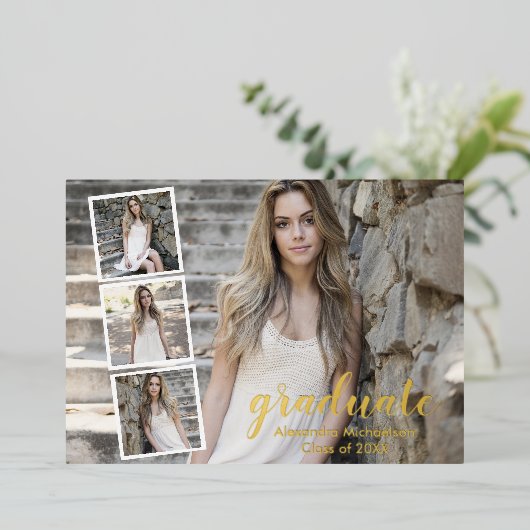 4写真モダン卒業発表 箔招待状 (立ち正面)