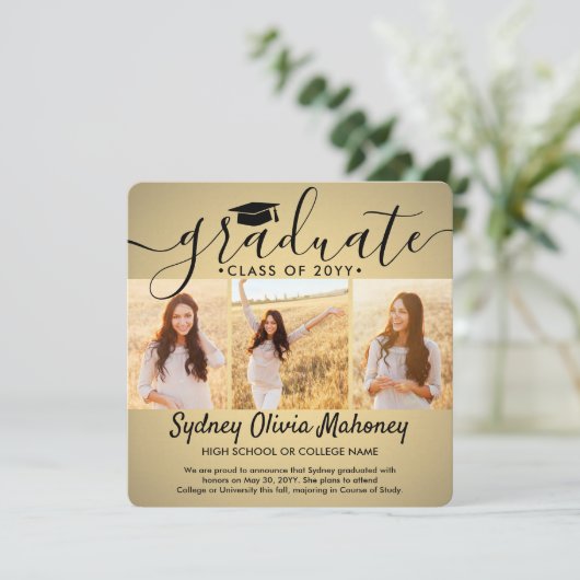 4写真卒業コラージュモダン金ゴールドグラデーション 案内状 (スタンド正面)