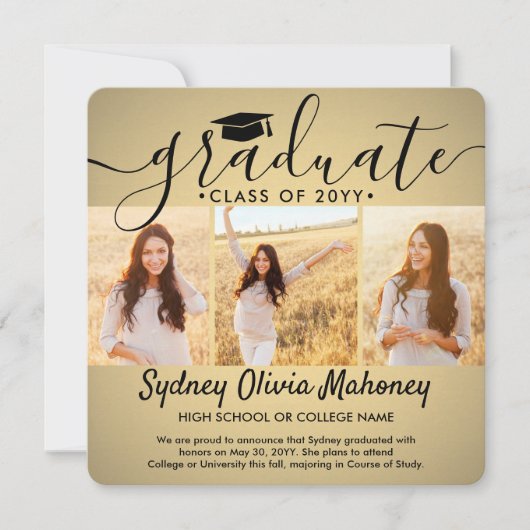 4写真卒業コラージュモダン金ゴールドグラデーション 案内状 (正面)