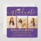 4写真卒業コラージュ紫モダンと金ゴールド 案内状 (正面)