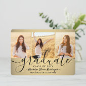 4写真卒業コラージュ黒と金ゴールド グラデーション 案内状 (スタンド正面)