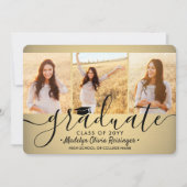 4写真卒業コラージュ黒と金ゴールド グラデーション 案内状 (正面)