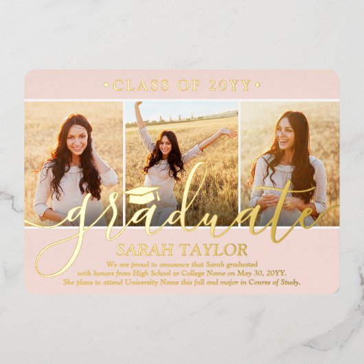 4写真卒業パーティーエレガント赤面ピンク&金ゴールド 箔招待状 (正面)